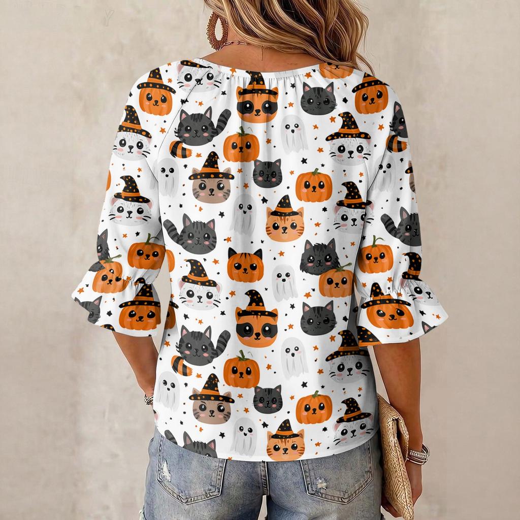 Women's Halloween Print Round Neck Tie Front Ruffle Blouse Three-Quarter Sleeves