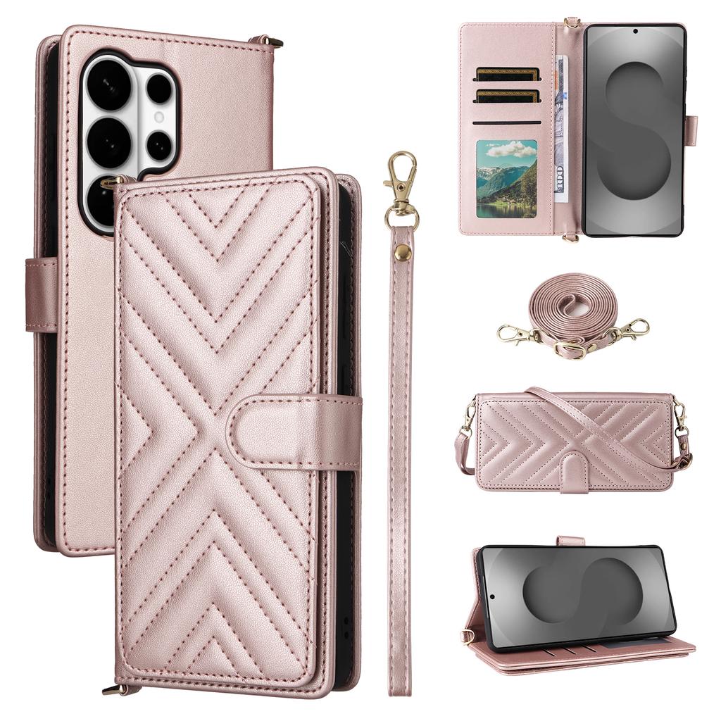 For Samsung Galaxy S26 Ultra Case with Shoulder/Wrist Strap Leather Phone Cover Stand Wallet
