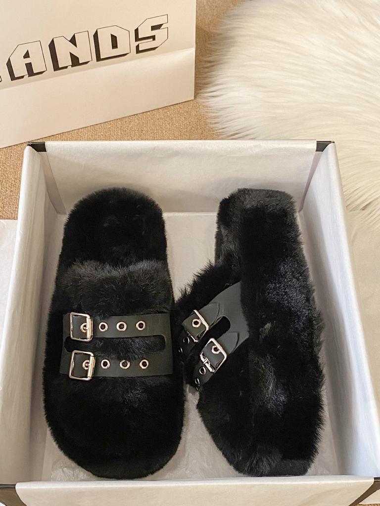Baotou Thick-soled Fluffy Slippers Women's 2025 Autumn and Winter New Fashion Outer Wear Belt Buckle Fleece Warm Cotton Slippers