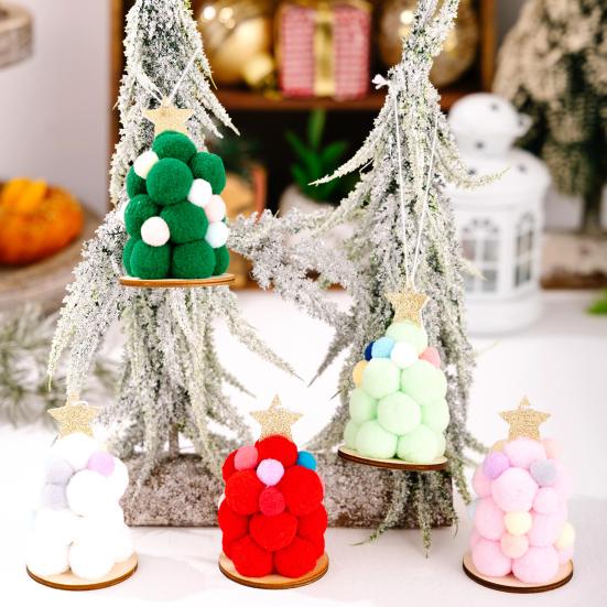 Plush Christmas Tree Ornament, Cute Pom Pom Balls Tree-Shaped Hanging Pendant with Star Tree Topper for Tree Wreath Home Party Decoration