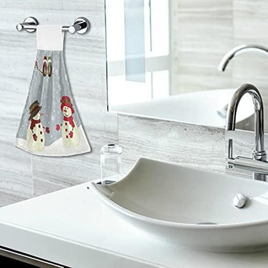 Winter Snowman Owl Kitchen Towels Christmas Snowflake Bathroom Hand Towel Hanging Tie Towel with Loop 2PCS, Soft Absorbent Dish Cloth Fingertip Towel