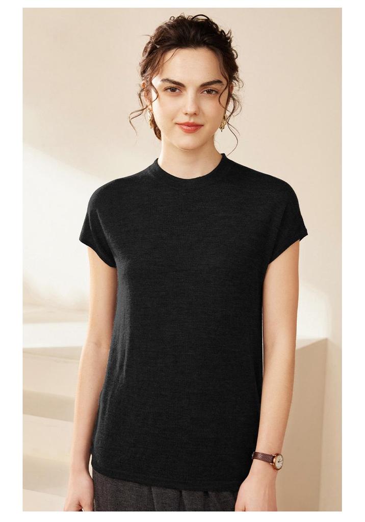 Yangzi Yarn Women's 100% Combed Wool Knit Vest T-Shirt - Short Sleeve, Round Neck, Summer Layer Top