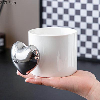 Creative Silver Heart Handle Mug Ceramic Cups Dining Table Coffee Mugs Afternoon Tea Teacup Water Cup Fruits Juice Container