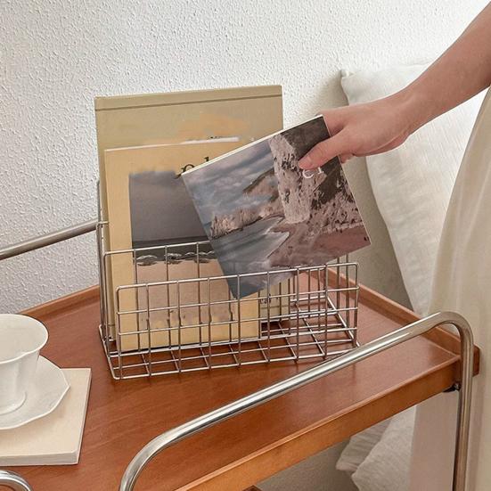 Magazine Holder Book Stand with 3 Vertical Compartments Hollow Design Rustproof Storage Rack Office Desk Organizer