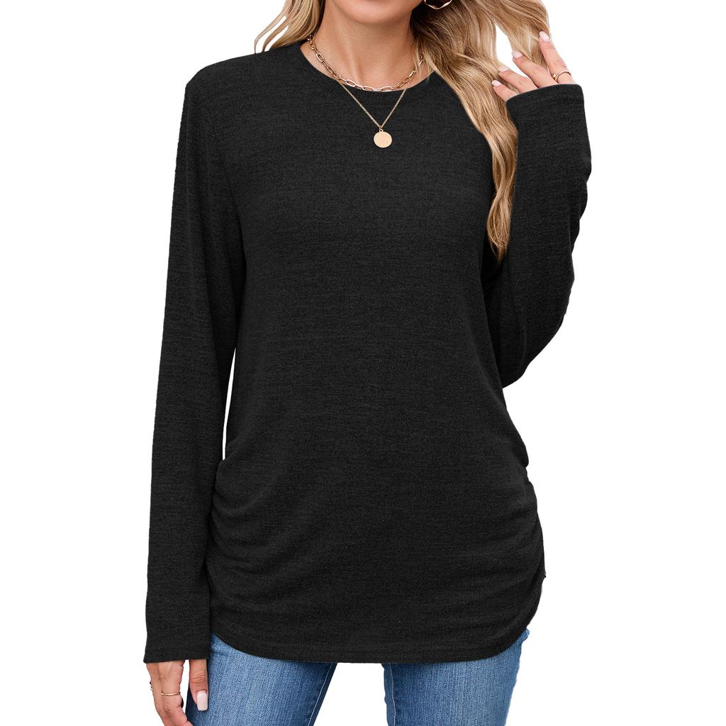 New Solid-color Round-neck Loose Long-sleeved T-shirt Top for Women In Autumn and Winter