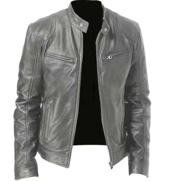 Mens Motorcycle Leather Jacket Slim Fit Short-Coat Lapel PU Jackets Autumn Zipper Stand Windproof Leather Coat Mens Clothing