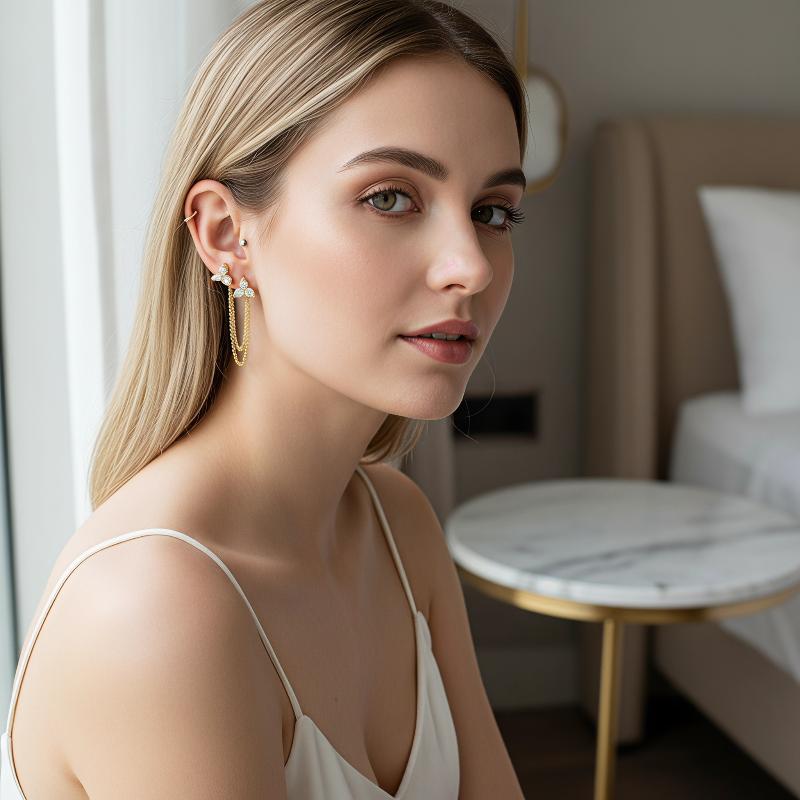 4Pcs Dangle Flat Back Earrings With Chain, Threadless Stainless Steel Push-In Cartilage Helix Tragus Nose Piercing Jewelry