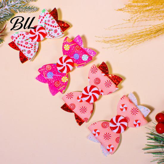 Glitter Hair Accessories for Girls Christmas Candies Bow Clip Women Girls, Sweet Hairpins, Artificial Leather Small Barrettes Daily Wear Clip,