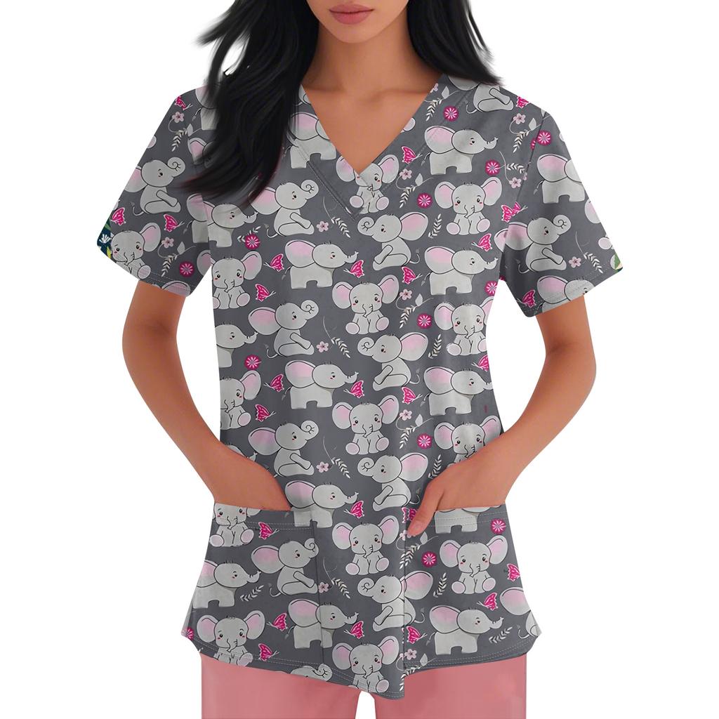 Women's V-neck Cartoon Printed Short-sleeved Pocket Side-slit Protective Suit Top