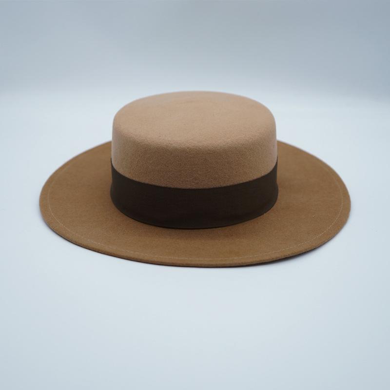 French Elegance Gradual Change Camel Color Matching Retro British Wool Woolen Flat Top Top Hat Women Autumn And Winter Felt Wide Brim Japanese