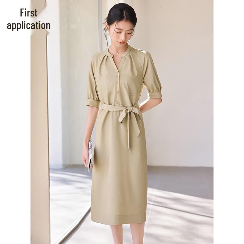 

Chushen Elegant V-neck Belted Short Sleeve Shirt Dress L
