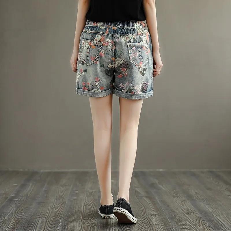 Ladies Denim Shorts Ethnic Print High Waist Women's Loose All-match Elastic Waist Streetwear Summer