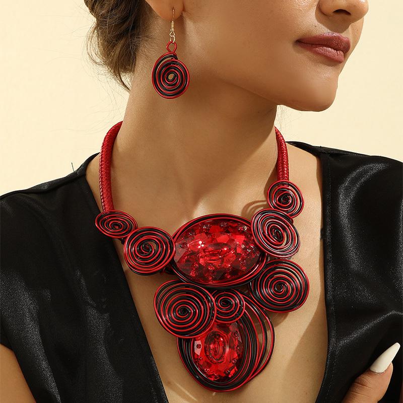 New Design Trendy Crystal Gem Aluminum Wire Handmade Woven Statement Necklace And Earring Set For Women's Banquet Accessories