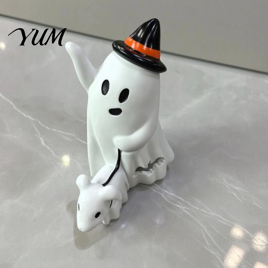 Hollow Bat Ornament Cute Ghost Walking Dog Statue, Halloween Indoor Resin Figurine for Tabletop Mantel Shelf Home Party Decoration Unique Souvenir
