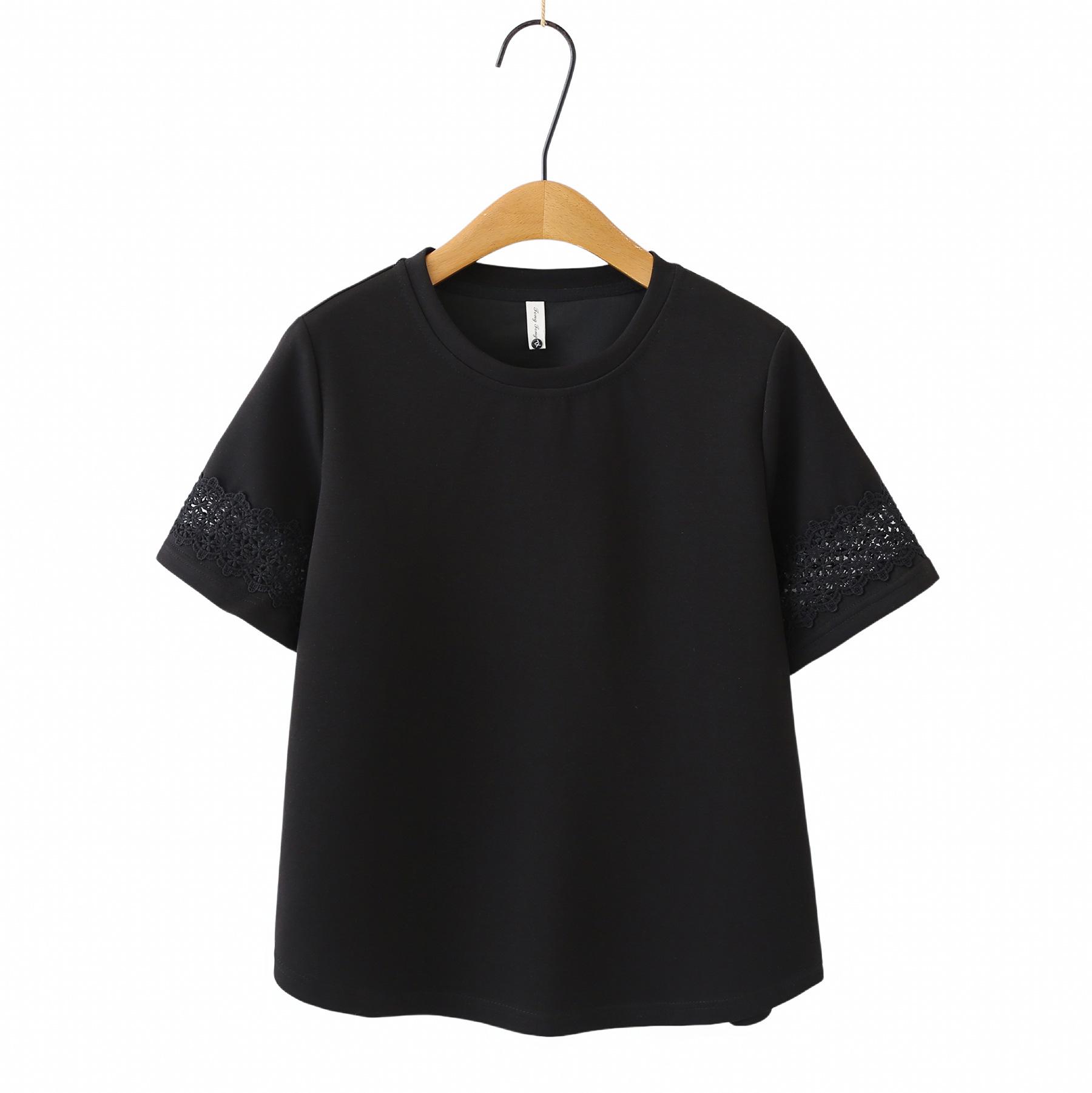2026 Summer Women s Plus Size Lace Patchwork Hollow Short Sleeve Round Neck Top 4XL
