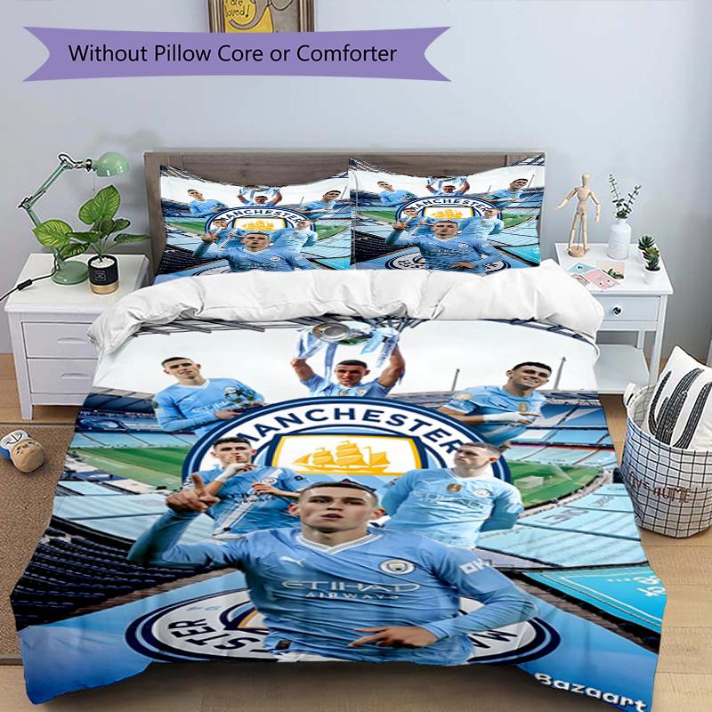 3pcs Duvet Cover Set (1*Duvet Cover + 2*Pillowcase, Without Core),Football Team City FC Print Bedding Set, Bedroom Decor, All‑Season, Birthday Gift