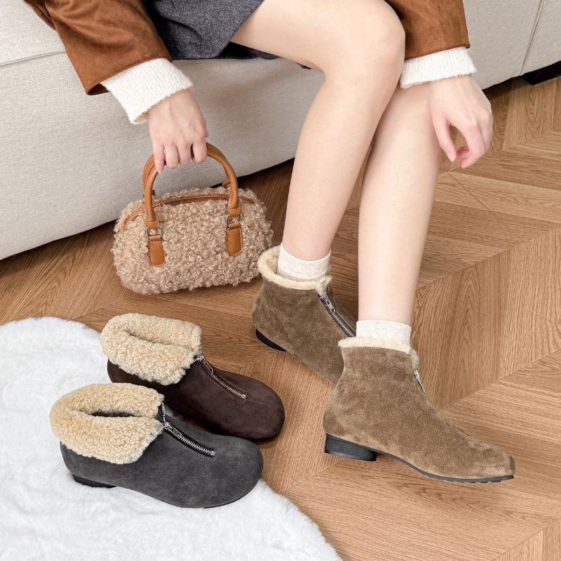 New leather thick low heel thin snow boots women's versatile trend piled thickened wool round head cotton shoes