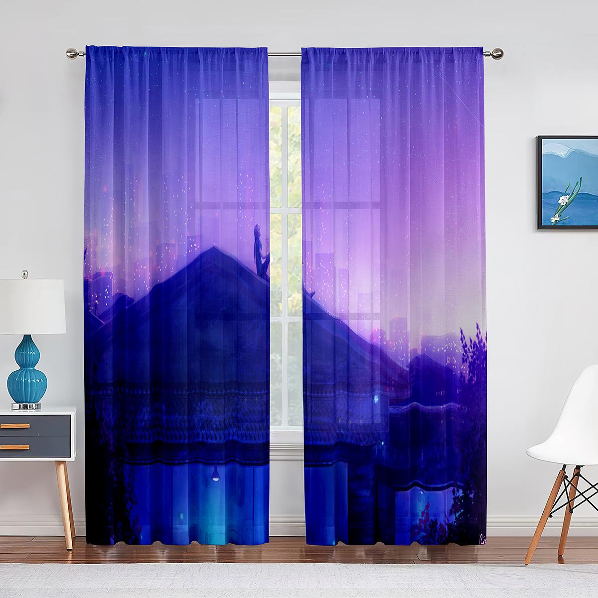 Тюлевые шторы с фиолетовым цветком и полем одинокого дерева — фото 4