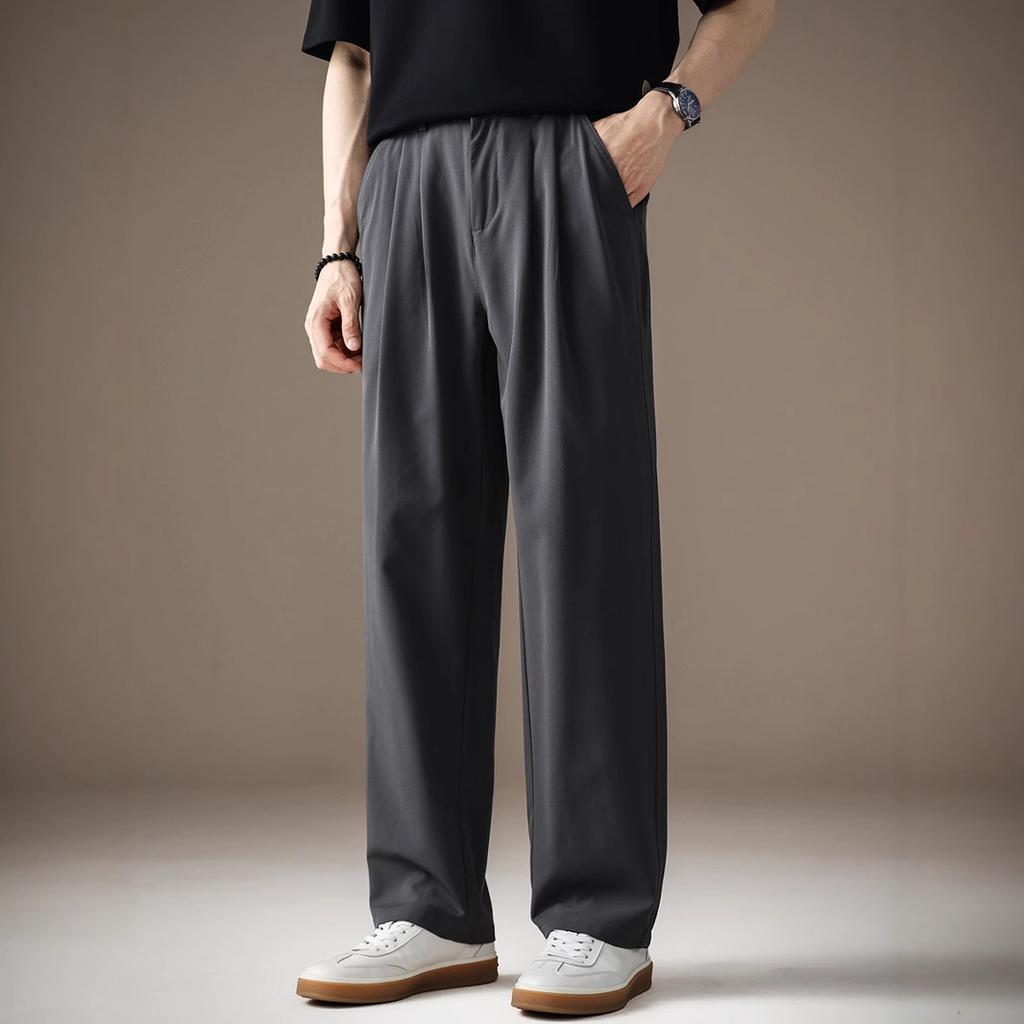 High-end pleated design loose straight pants men's summer thin drape wide legs Japanese simple casual pants
