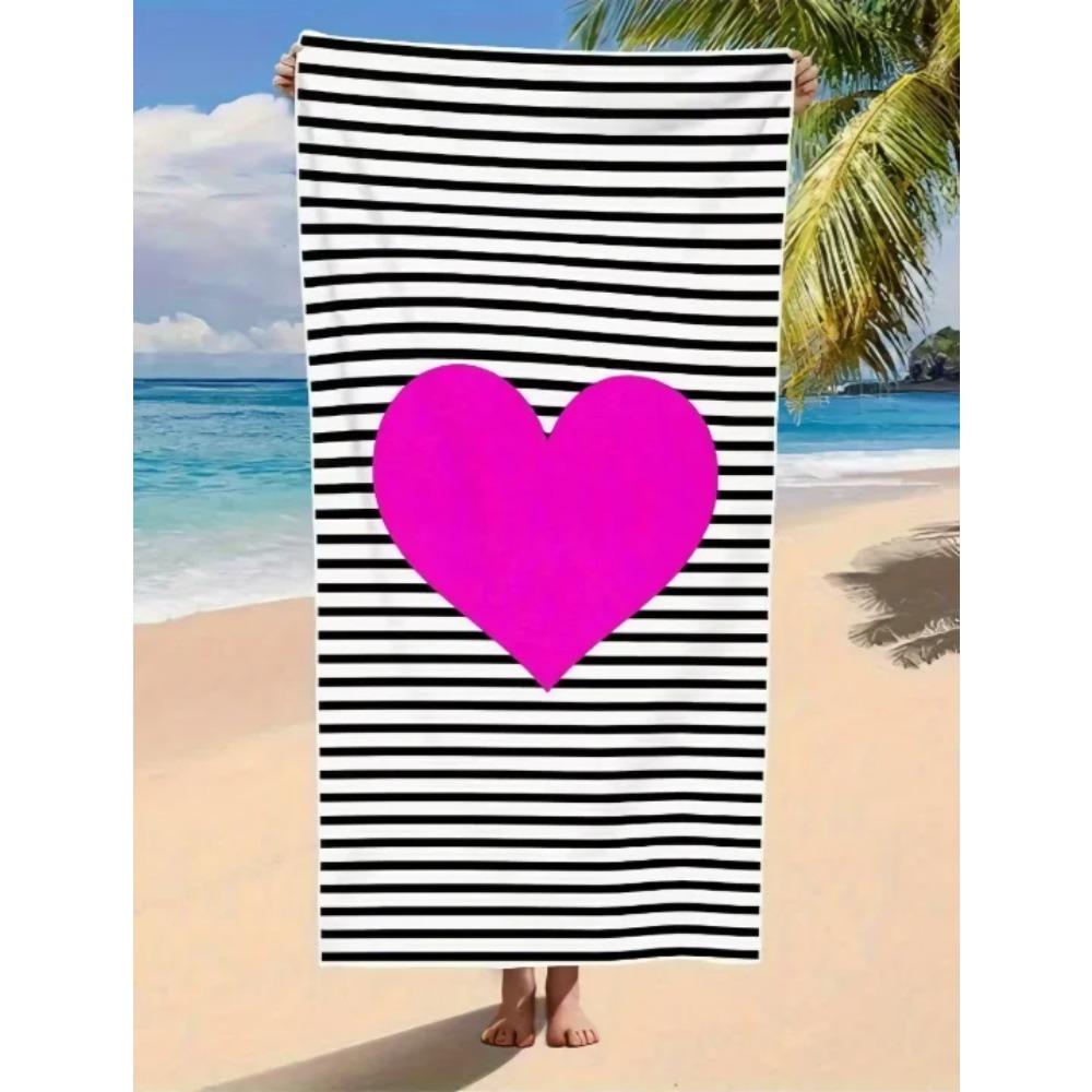 Striped Heart Beach Towel, Microfiber Large Sand Free Quick Dry, Pink Love Minimalist Design, Soft Absorbent Beach Towel Bt21