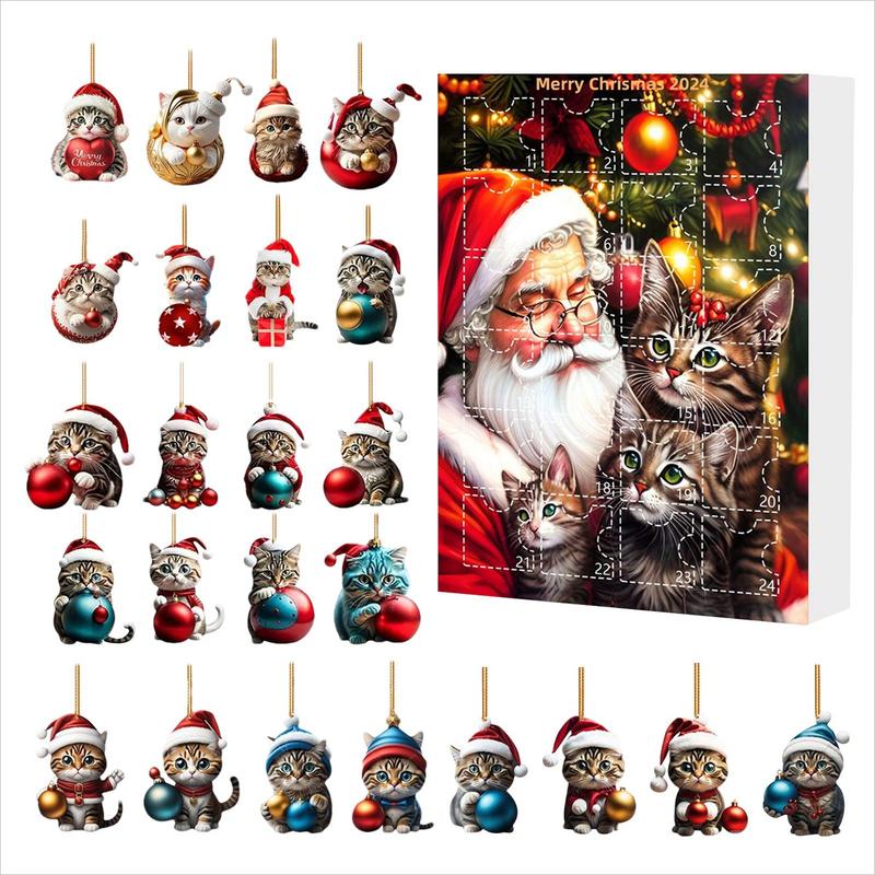 2025 Christmas Countdown Advent Calendar Cat Ornament Calendar 24Pcs Cute Cat Flat Pendant Decoration Cartoon Festival Supplies