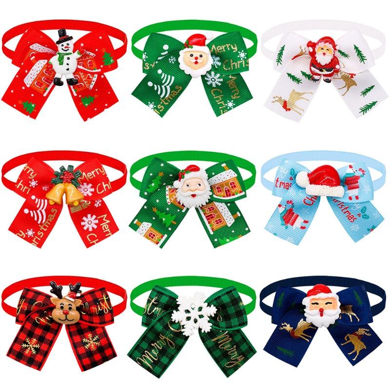 8pcs Christmas Santa Claus Doll Pet Dog Dog Cat Bow Tie Accessories Christmas Tree Decoration Adjustable Pet Red Collar