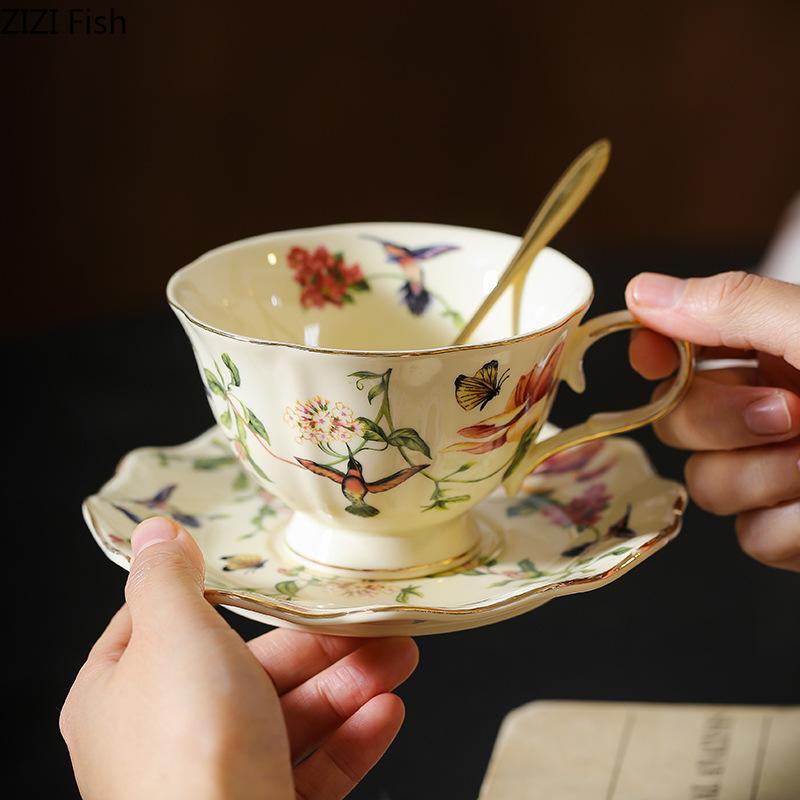 Flower and Bird Patterns Ceramic Cup&saucer Dining Table Coffee Mug Milk Cups Afternoon Tea Teacup Fruit Juice Container