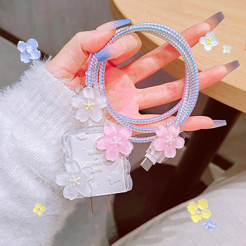 Flower Transparent Usb 20W Phone Charger Protective Case With Cable Winder Cover For Iphone Power Adapter Protector