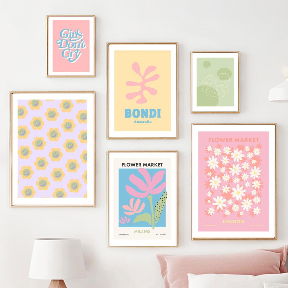 Groovy Leaf Matisse Pastel Pink Postere și imprimeuri Artă de perete Retro Funky Pânză Pictură Imagini Estetic College Decor Room