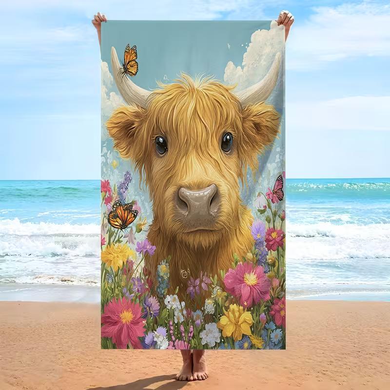 Boho Schottisches Hochlandrind Muster Strandtuch Blumengirlande Schottisches Hochlandrind Sommer Stranddecke Schnelltrocknend Leicht Saugfähig Handtuch
