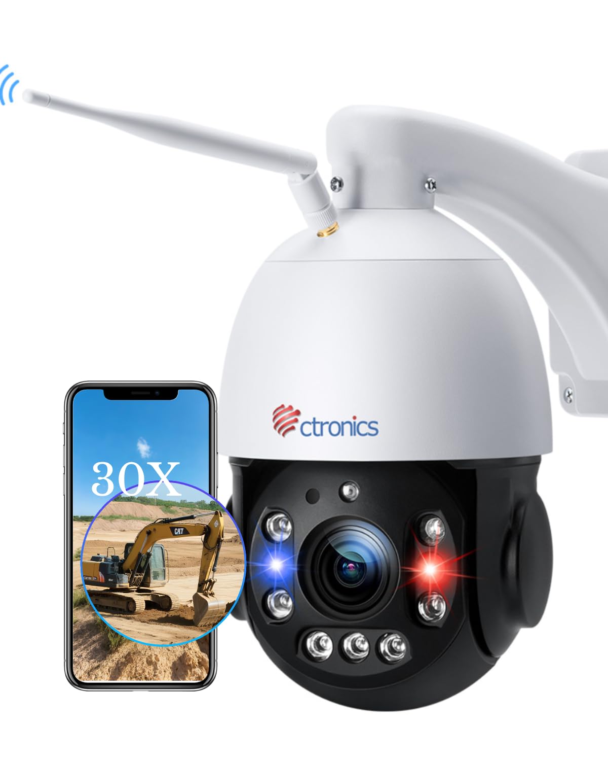 

Вулична камера безпеки Ctronics 3K 5MP з 30-кратним оптичним зумом та 150-метровим нічним баченням, автоматичним червоно-синім сигналом тривоги, функцією патрулювання та попередньо встановленими точками, дистанційне керування 5 ГГц білий
