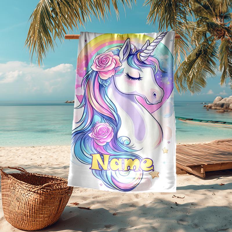 Custom Name Ultra-Soft Beach Towel with Unicorn Theme,Ideal for Pool - Camping, Diving - Perfect Travel Essential, Vibrant Beach Towel.