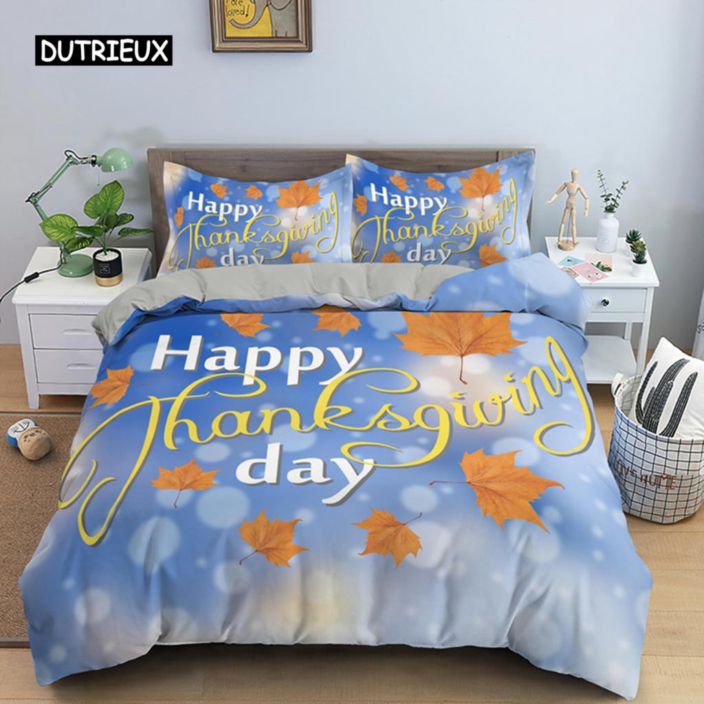 Autumn Thanksgiving Day Duvet Cover King Queen Cartoon Orange Pumpkin Turkey Bedding Set Maple Leaves Soft Polyester Quilt Cover
