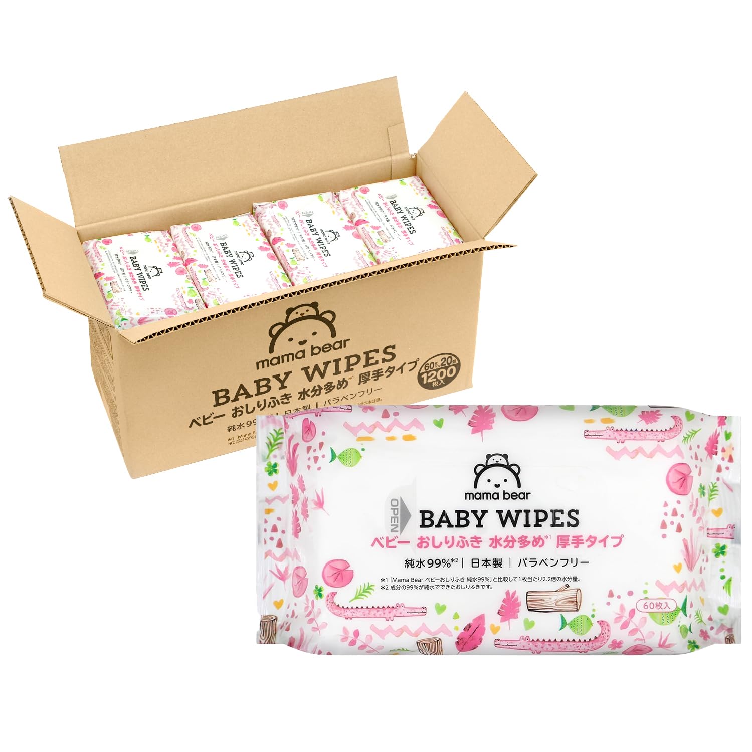

Mama Bear Baby Pure Extra 60 Wipes x 20 Packs Made in Japan [Amazon Brand] Wipes, 99% Water, Thick, Moisture, Unscented, (1200 Wipes) [Case]