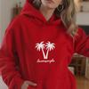 Ladies Spring Autumn Casual Hooded Long Sleeve Big Pocket Beach Coconut Tree Printed Pullover Hoodies Sweatshirt Top