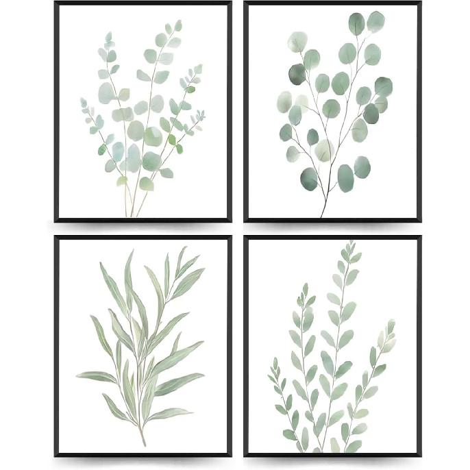 4Pcs Eucalyptus Botanical Wall Art Sage Green Bathroom Pictures Watercolor Mint Green Plant Leaves Poster Print Modern Minimalist Aesthetics Canvas