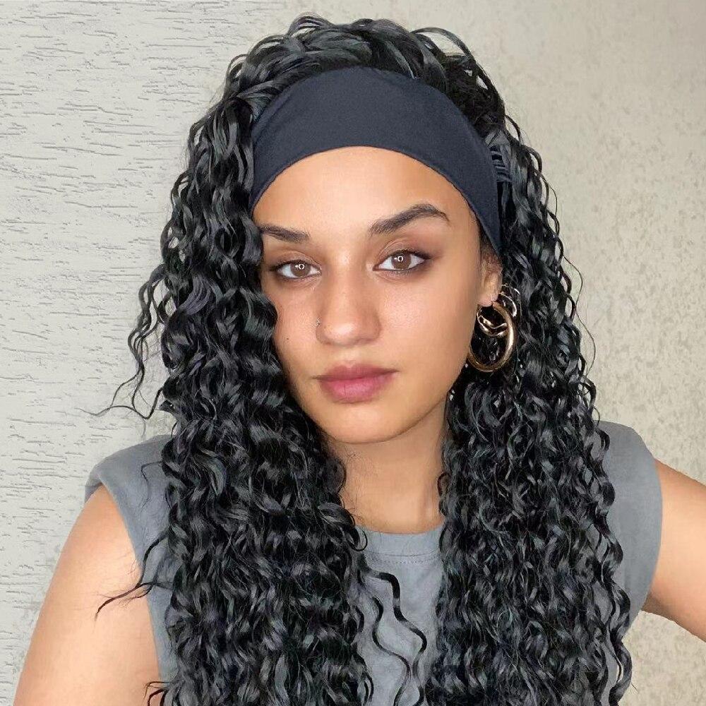 Long Water Wave Headband Wigs for Black Women Heat Resistant Natural Black Synthetic Hair Wigs With Headband Fake Hair