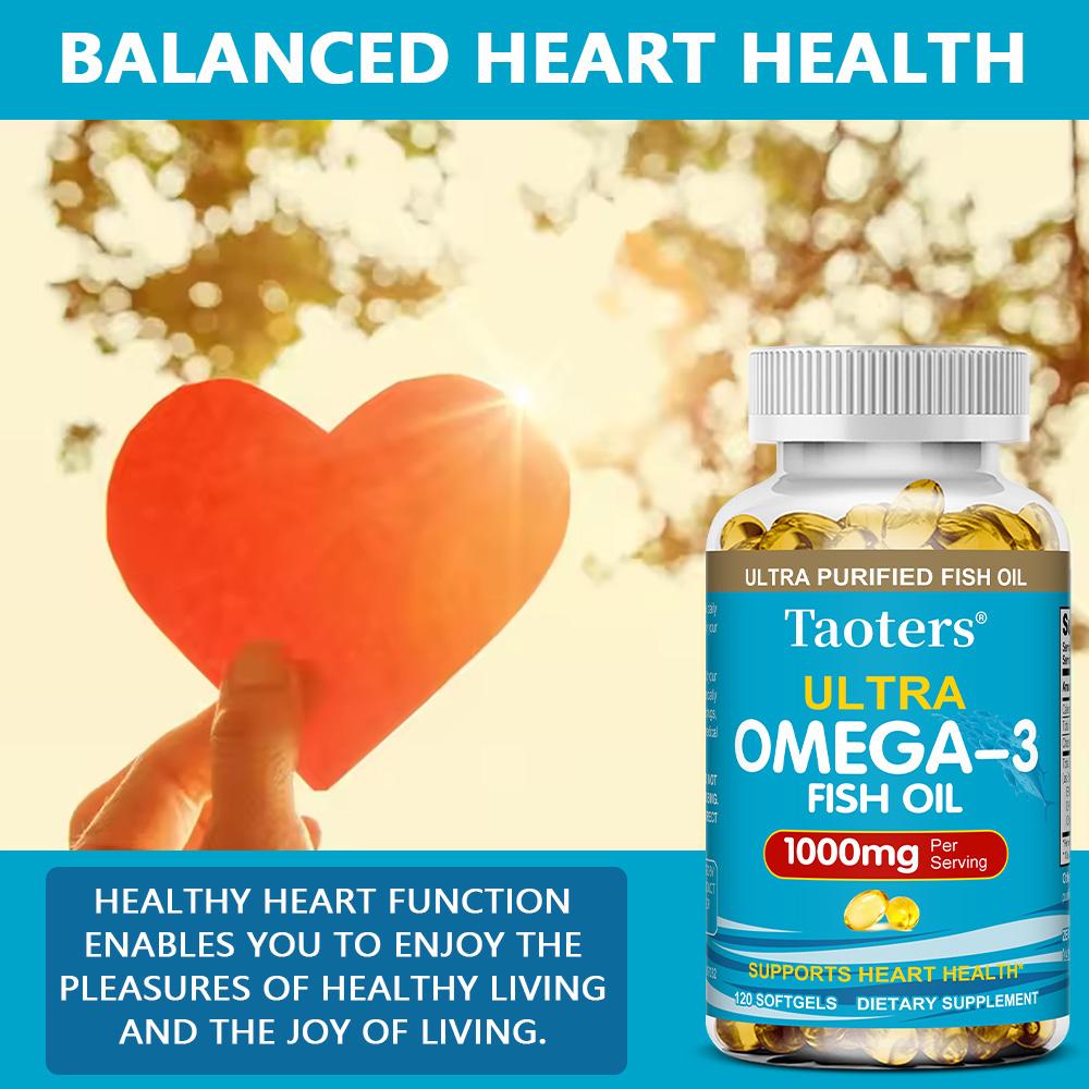 Capsule Molli di Olio di Pesce Ultra Omega‑3, Integratore da 1000 mg EPA DHA, 120 Capsule Molli Fornitura per 60 Giorni, Non OGM