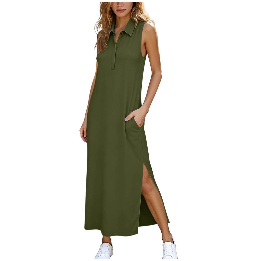 Sleeveless Polo Collar Maxi Dress with Side Slit and Pockets for Women Casual Loose Fit Long Dress