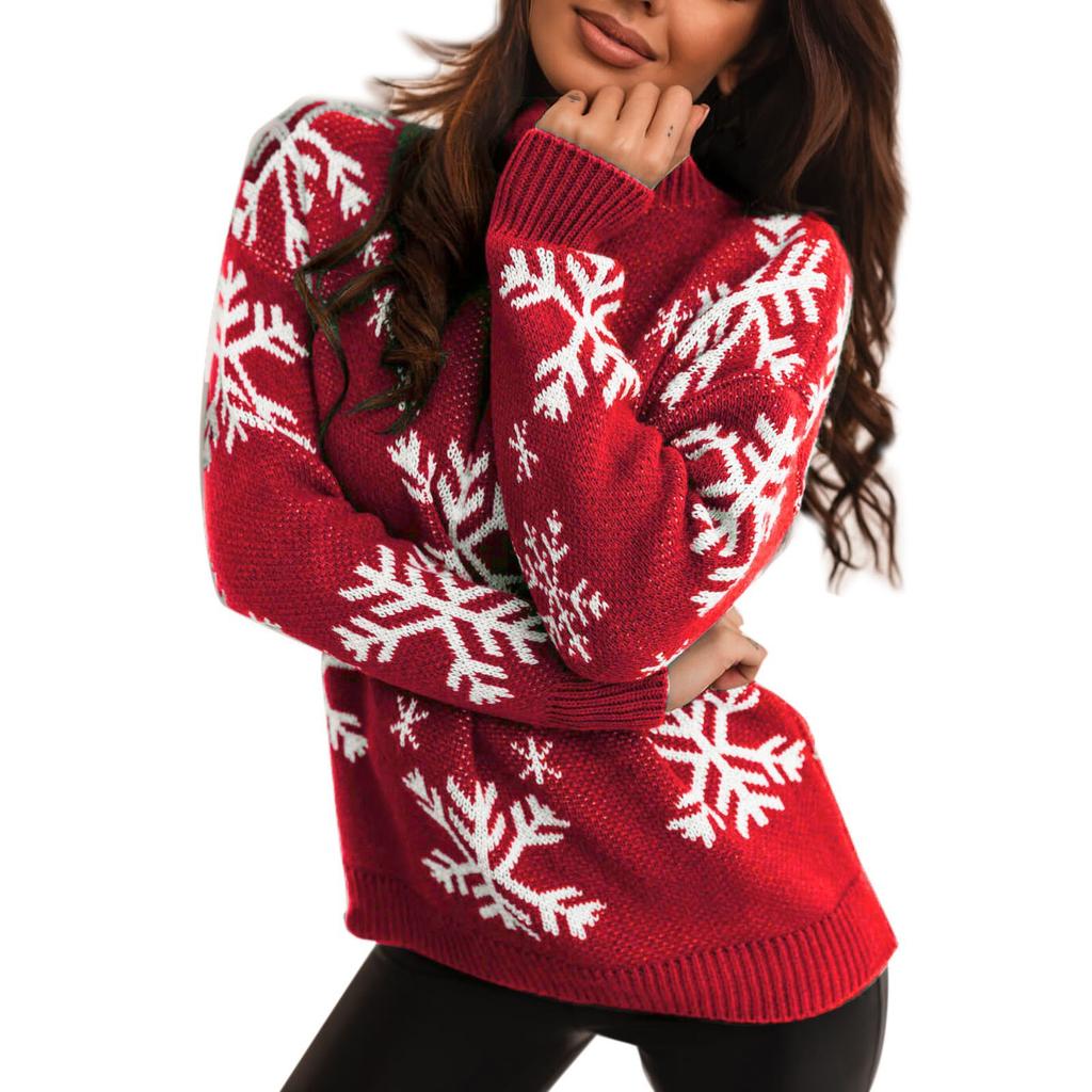 Women's Long Sleeve Turtleneck Christmas Printed Knitted Sweater Top T-Shirt