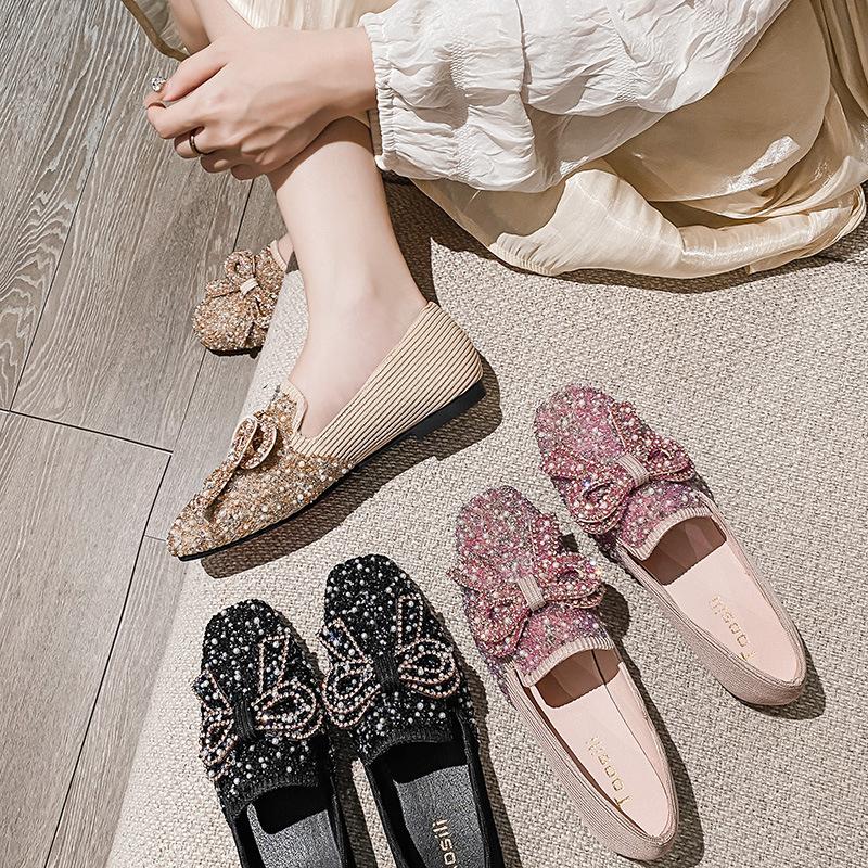 Flat-soled Ladyshoes Women's New Single Shoes Bow Gentle Rhinestone Pearl Shoes To