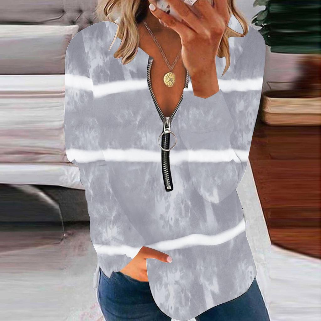 Women Summer Casual Sexy V-neck Printed Zipper LongSleeves Tops