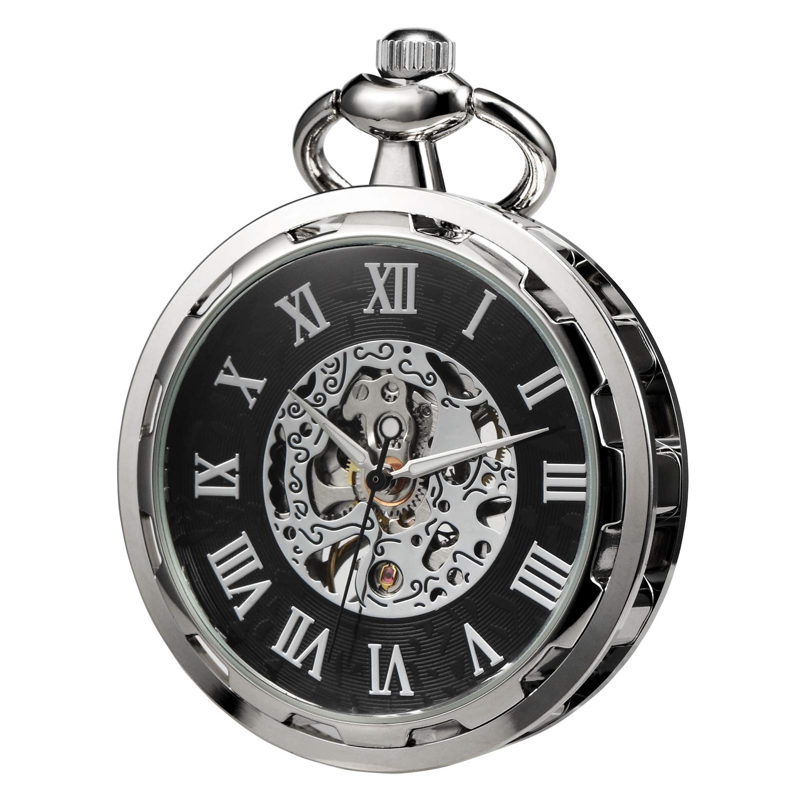 TREEWETO Pocket Watch, Hand-wound, Antique Mechanical, Skeleton, Men s, with Chain (Silver)
