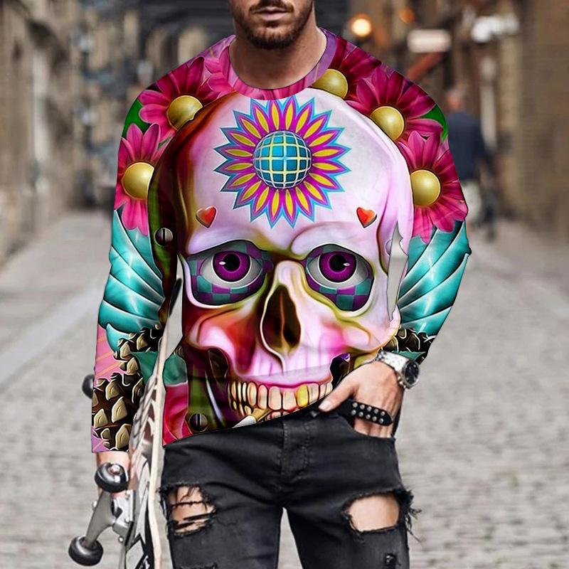 Jarní a podzimní pánská trička s dlouhým rukávem, módní a ležérní, s 3D potiskem vzoru lebky a kulatým výstřihem