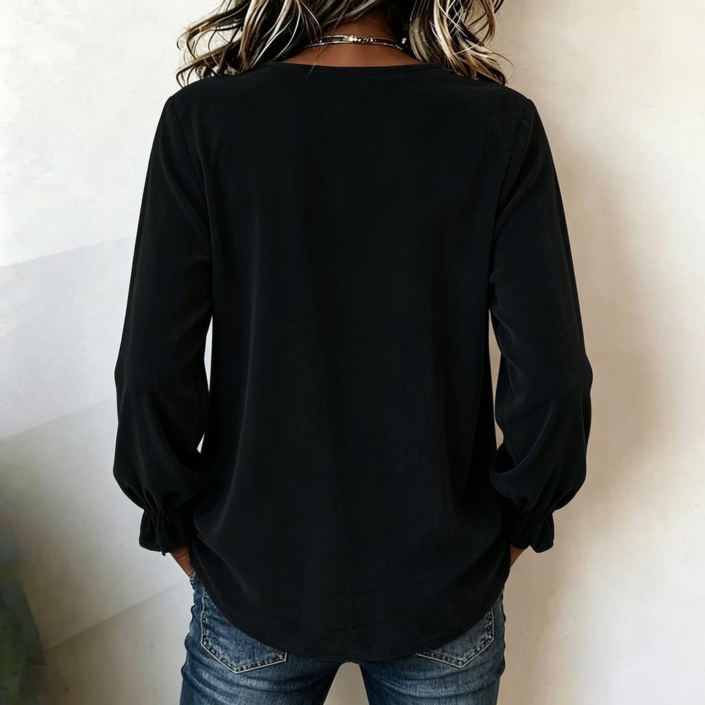 Women's V-Neck Velvet Long Sleeve Button Down Blouse Top for Work or Evening Out