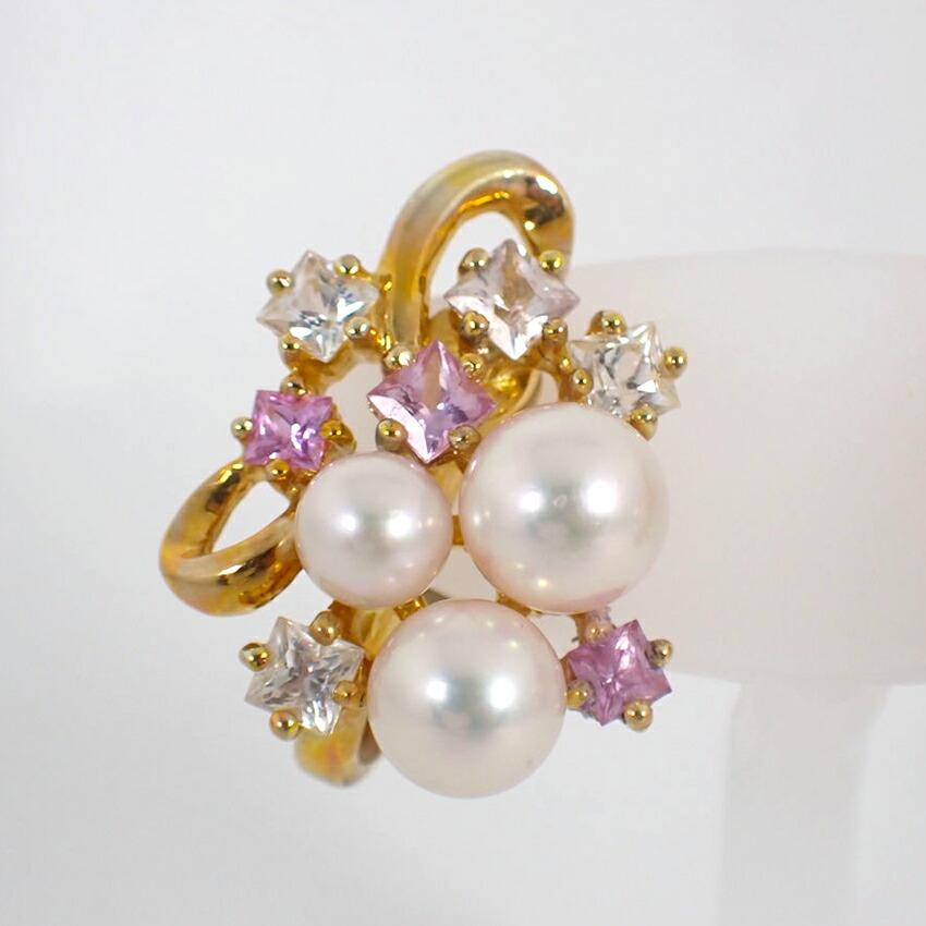 [Pre-owned] JUNET 750YG Akoya Pearl (Pink White Pearl) Pink/White Sapphire Earrings/j54-4