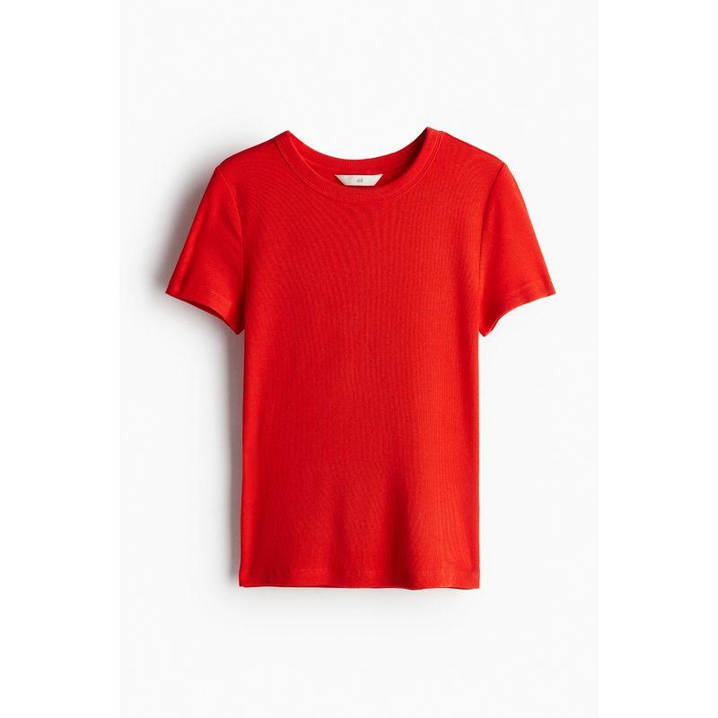 

HM Women s T-shirt Autumn Women s Soft Plaid Silm Casual Straight round Neck Short Sleeve Tops 1157799 Red 155/80A