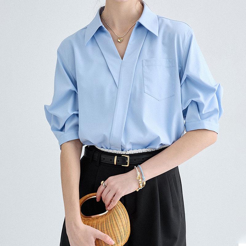 

Белая рубашка-поло с V-образным вырезом и короткими рукавами для женщин, элегантные однотонные свободные блузки для поездок на работу, тонкий топ, весна и лето XL синий