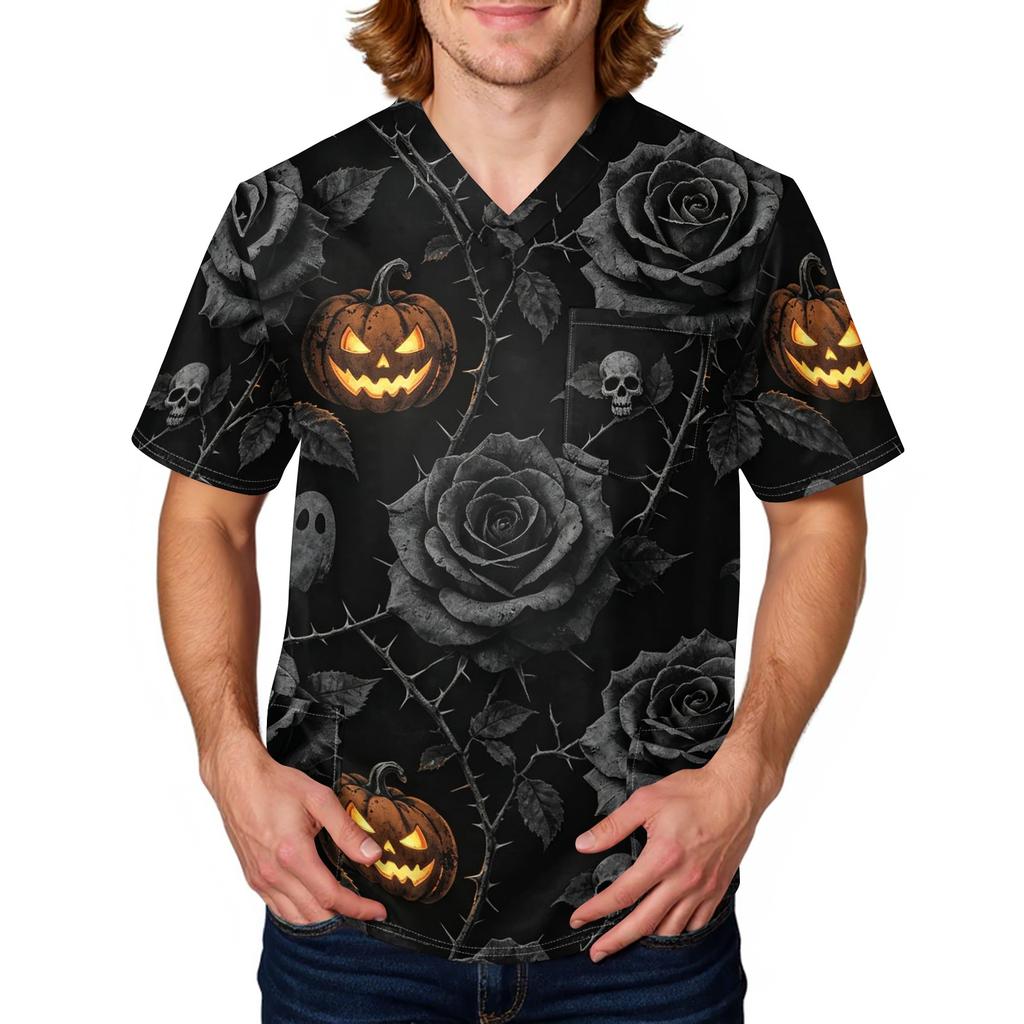 Men's Halloween Print Scrub Top Short Sleeve for Work Uniform