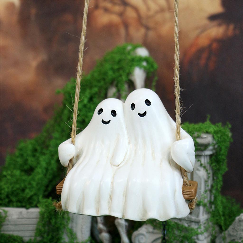 Romantics Ghostly Couple Swing Ornament Resins Halloween Garden Decors Indoor and Outdoor Weather Resistant Hanging Art